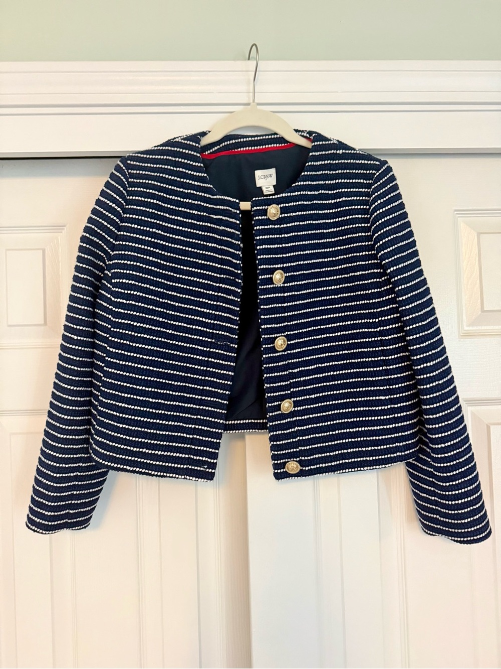 J. Crew Navy Striped Cropped Jacket